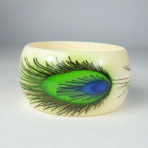 Vintage Plastic Bangle Peacock Feather Design Wide Bracelet Cuff Chunky